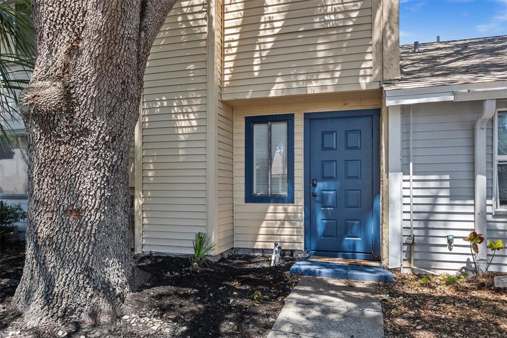 A blue front door and a window are set into the beige siding of a townhouse — 4712 STONEPOINTE PLACE, TAMPA, FL