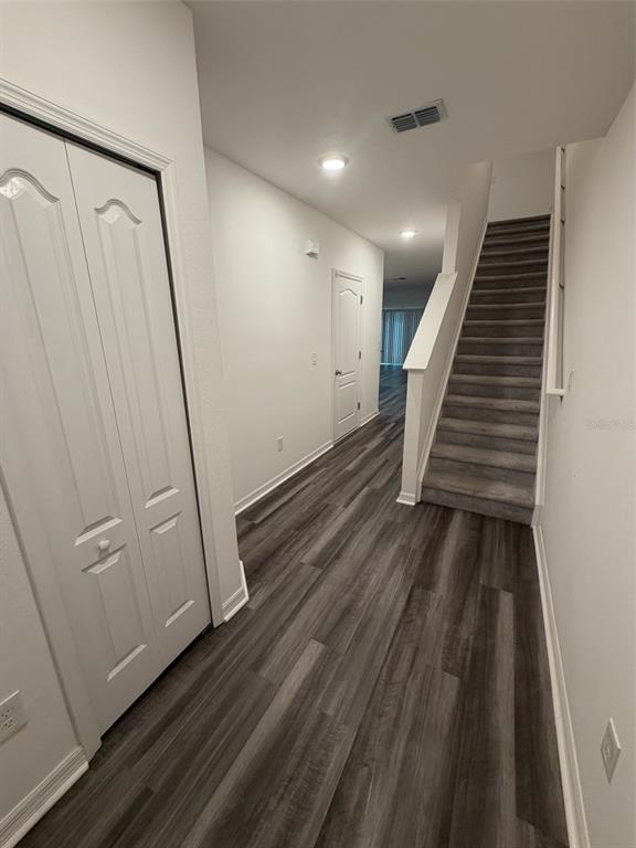 A hallway with grey wood-look flooring, a closet, a door, and carpeted stairs — 4743 DEER TRACK STREET, TAMPA, FL