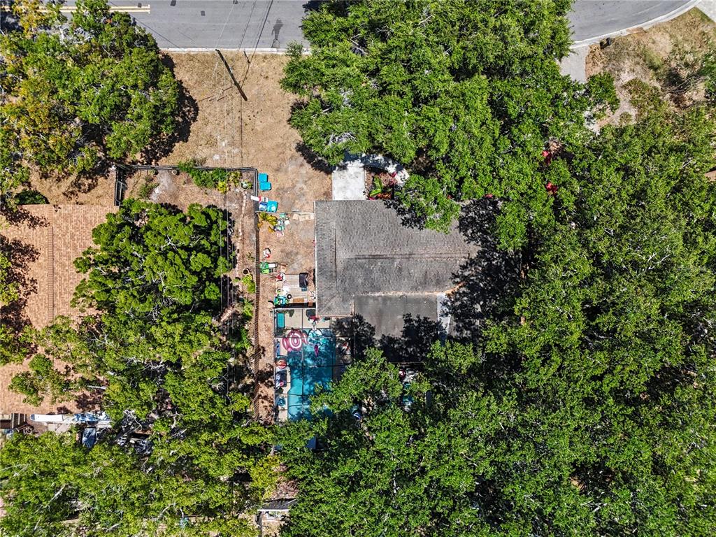 An aerial view shows a house with a screened-in pool surrounded by dense mature trees — 11208 DUNCAN STREET, SEMINOLE, FL