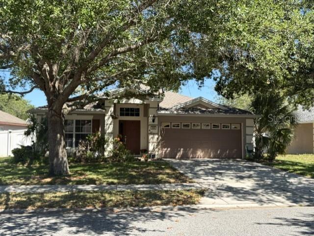 A single-story house with a two-car garage and a large tree in the front yard — 409 SEA HOLLY DRIVE, BROOKSVILLE, FL
