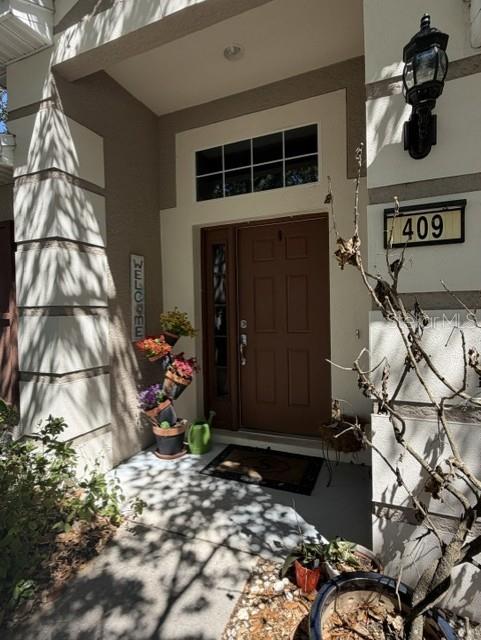 The front entrance of a house features a brown door, a transom window, and potted plants — 409 SEA HOLLY DRIVE, BROOKSVILLE, FL