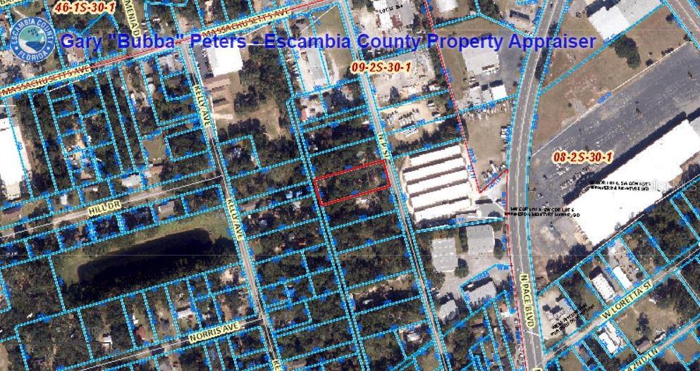 This is an aerial map showing a highlighted rectangular property lot in a residential area — 4203 N P STREET, PENSACOLA, FL