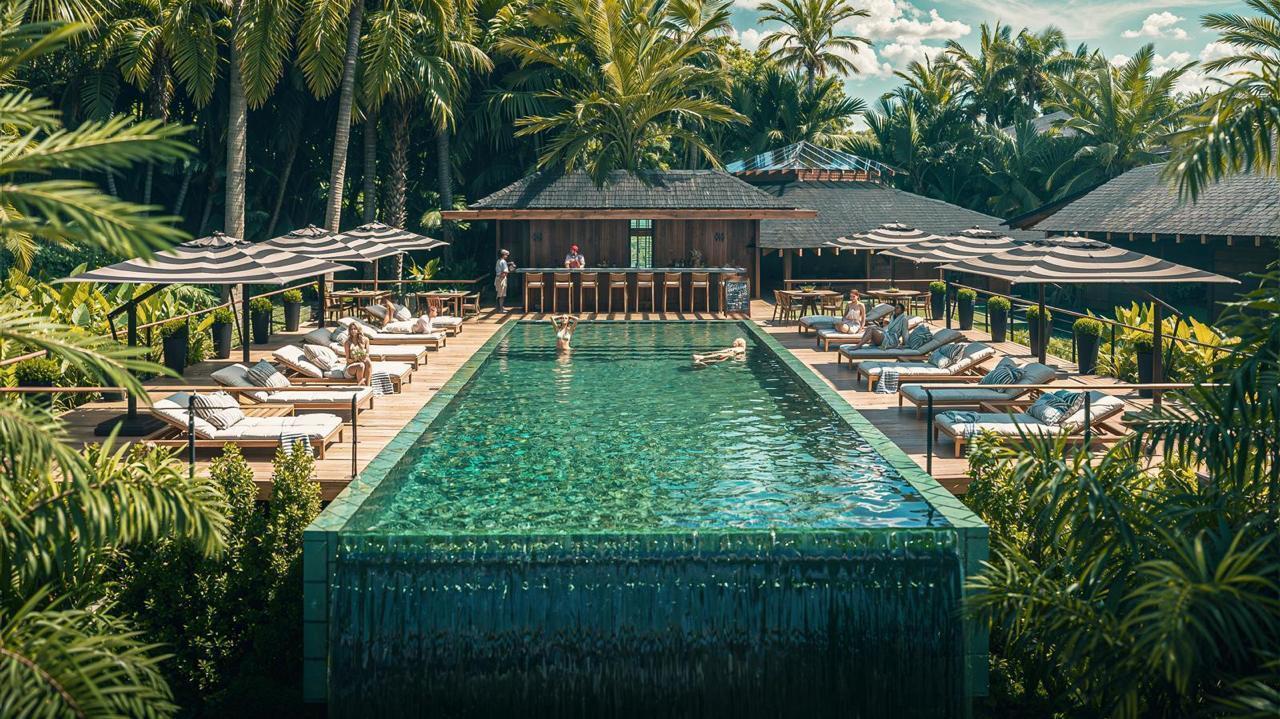 An infinity pool surrounded by lounge chairs and palm trees at a tropical resort — 225 Coral Way, Bocas Del Toro,, FL