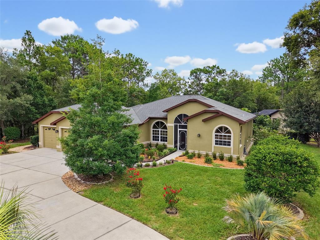 A single-story house with a green stucco exterior, arched windows, and a concrete driveway — 1 PLUMBAGO DRIVE, HOMOSASSA, FL