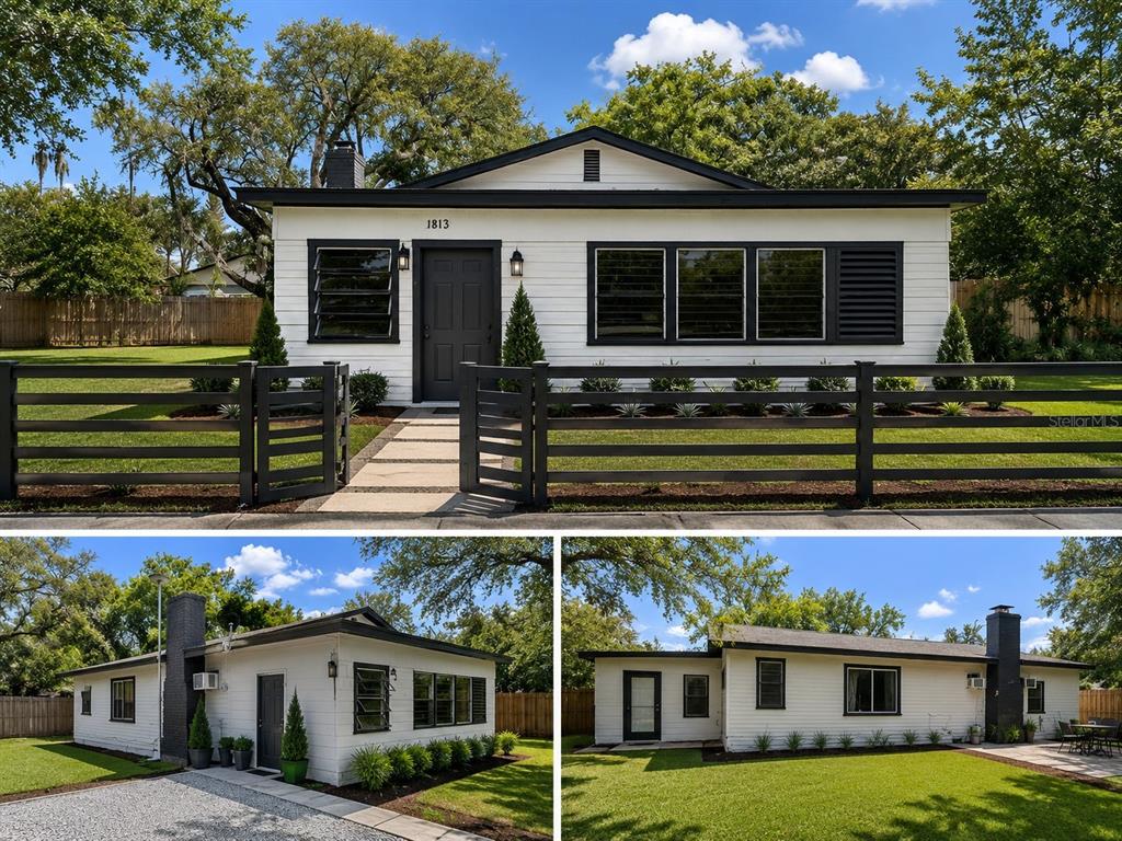 Three views of a single-story white house with black trim, a dark fence, and landscaping — 1813 ROBINSON DRIVE, HAINES CITY, FL