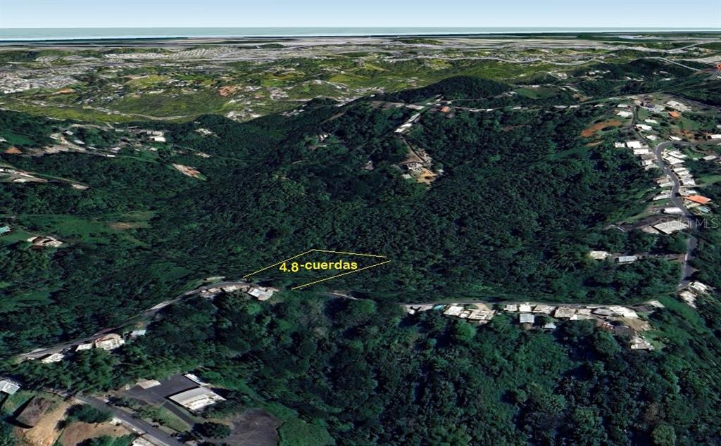 An aerial view shows a hilly, forested landscape with a highlighted 4.8-cuerda plot of land — CAMINO MORCELO, SAN JUAN, PR