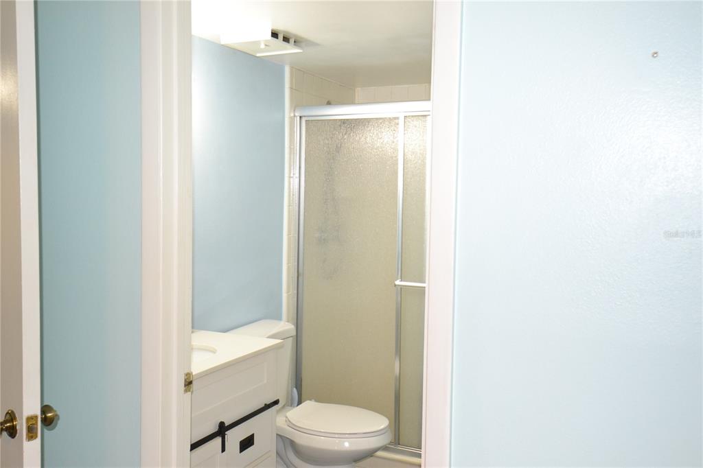 A bathroom features a white vanity, a toilet, and a glass-enclosed shower stall — 3232 LAKE PINE WAY E UNIT H2, TARPON SPRINGS, FL