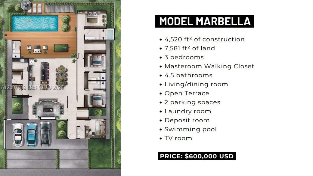 This architectural rendering shows a floor plan for a house with a pool and terrace — 9PHP+MX Bocas del Toro - Marbella, Panama, FL