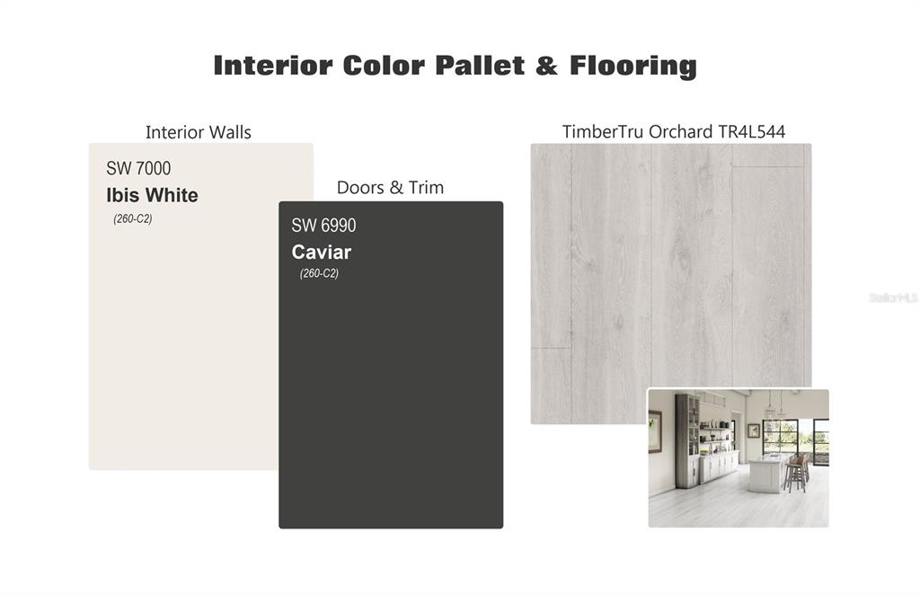 This graphic displays interior design selections including wall paint, trim color, and flooring samples — 2207 COUNTY ROAD 243E, WILDWOOD, FL