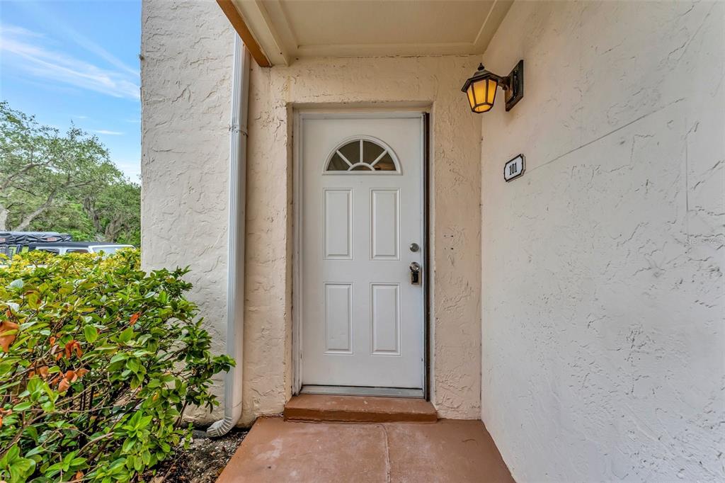 A white front door with a small arched window sits under a porch light — 9940 7TH WAY N UNIT 101, ST PETERSBURG, FL