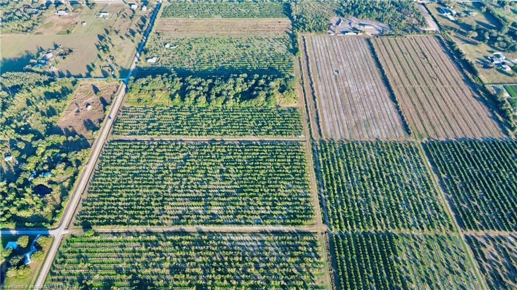 An aerial view shows a large agricultural property with rows of trees and cultivated fields — 2233 Hicks Road, FL 33857, FL