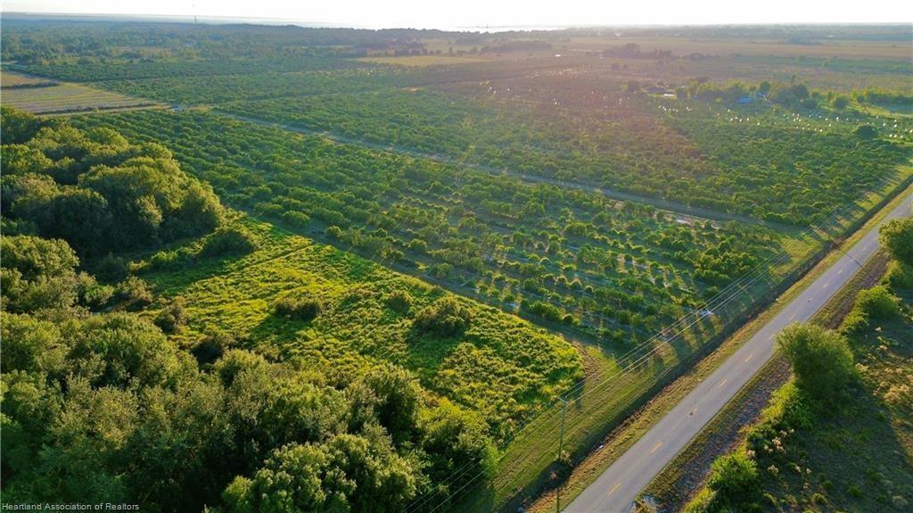 An aerial view shows a rural road bordering a large orchard and wooded area — 2233 Hicks Road, FL 33857, FL
