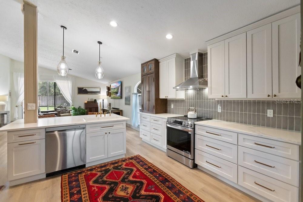 A kitchen with white cabinets, stainless steel appliances, and a patterned rug on wood floors — 10551 MAGRATH LANE, NEW PORT RICHEY, FL