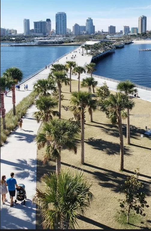 An elevated view of a palm-lined park walkway leading to a pier with city buildings — 2168 9TH AVENUE N UNIT 4, ST PETERSBURG, FL