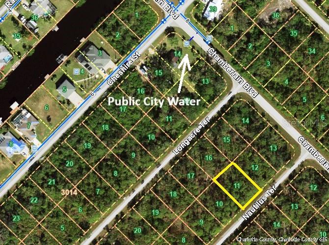 This is a map showing a highlighted vacant lot in a residential neighborhood — 1021 NAUTILUS TERRACE, PORT CHARLOTTE, FL