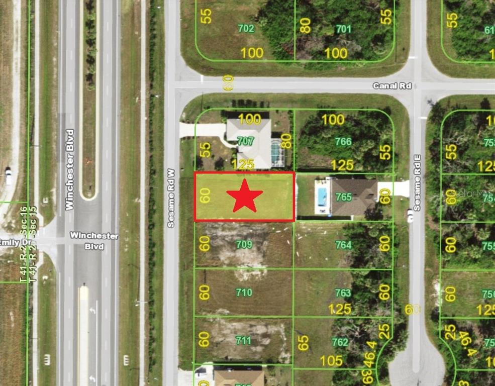 This is a satellite map view showing a vacant residential lot highlighted with a red star — 139 SESAME ROAD W, ROTONDA WEST, FL