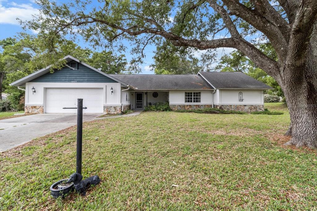 A single-story house with a white garage, stone base, and a large tree in front — 10025 KIMBROUGH DRIVE, BROOKSVILLE, FL