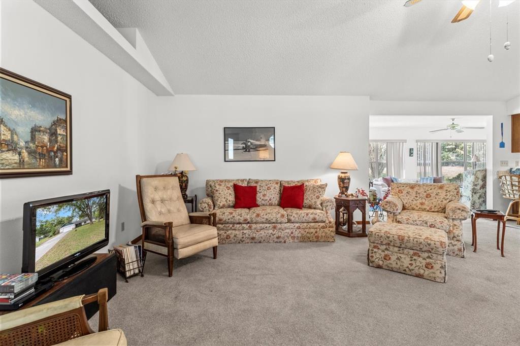 A living room features floral sofas, a recliner, a television, and neutral carpeting — 10025 KIMBROUGH DRIVE, BROOKSVILLE, FL