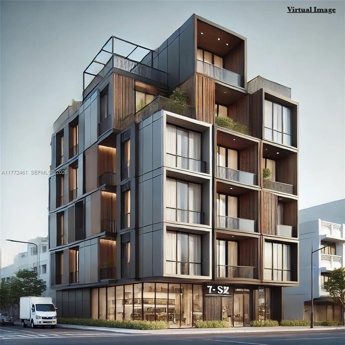 This is a digital rendering of a modern, multi-story apartment building with a glass-fronted ground floor — 1905 NW 79th St, Miami FL 33147, MIAMI, FL
