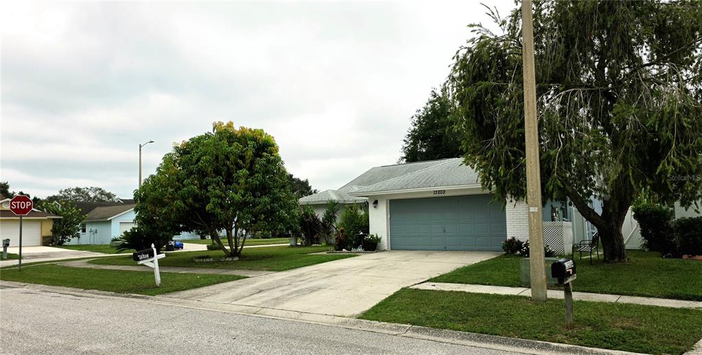A single-story house with a light-colored brick exterior and a blue garage door — 13202 PINE CREEK CIRCLE, RIVERVIEW, FL