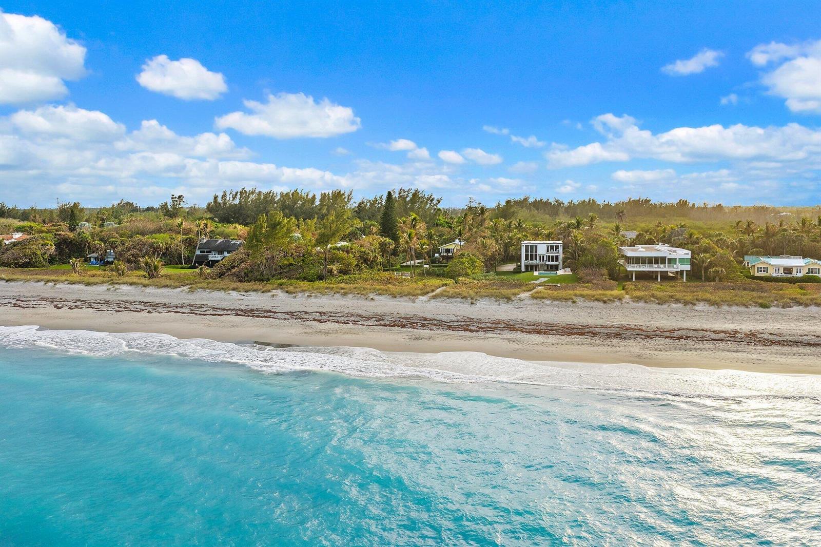 An aerial view of several beachfront houses nestled among trees along a sandy coastline — 31 N Beach Road, Jupiter Island FL 33455, JUPITER ISLAND, FL