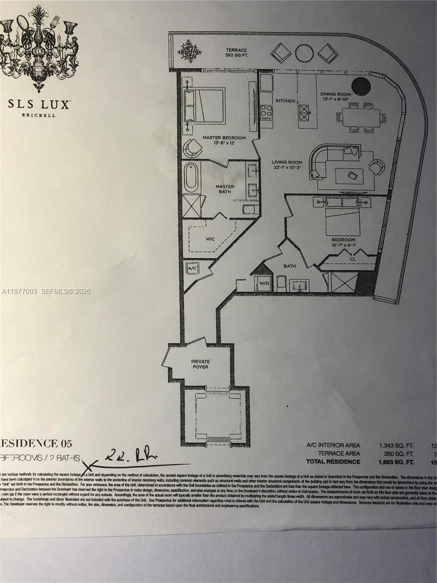 This floor plan shows a two-bedroom, two-bathroom residential unit with a private foyer and terrace — 801 S Miami Ave # 1705, Miami FL 33131, MIAMI, FL