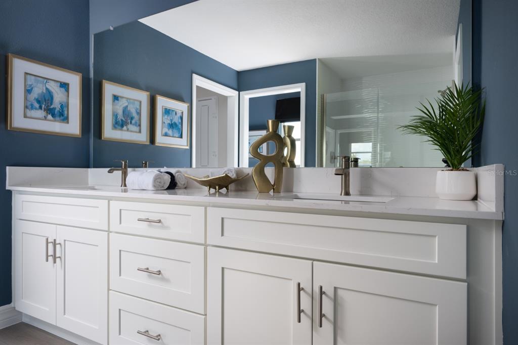 A bathroom vanity with white cabinets, double sinks, and blue walls with framed art — 6173 SW 97TH STREET, OCALA, FL