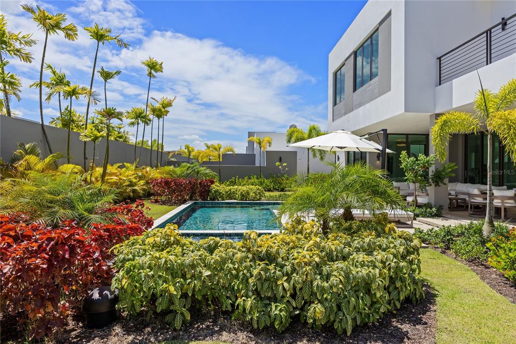 A modern house features a backyard with a swimming pool, patio, and lush tropical landscaping — 39 THE ISLES, DORADO, PR