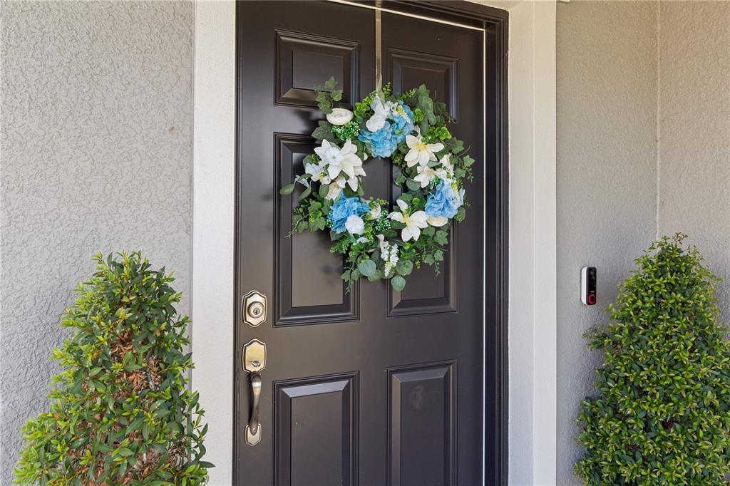 A dark front door with a floral wreath is flanked by two small potted shrubs — 11759 SABAL SCRUB COURT, RIVERVIEW, FL