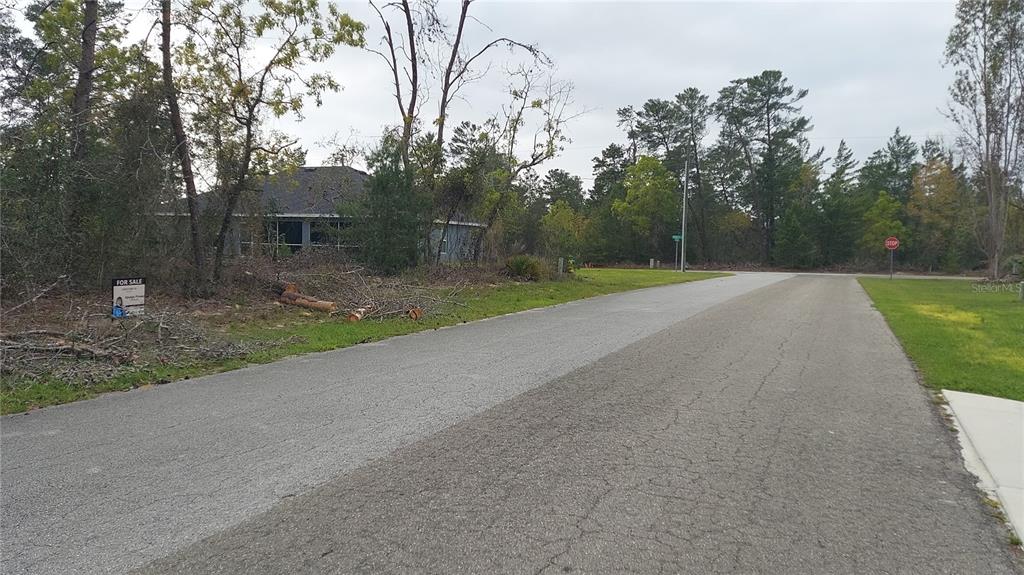 A paved road leads toward a wooded lot with a house and a for sale sign — 3 TALL MARIGOLDS CT,, HOMOSASSA, FL