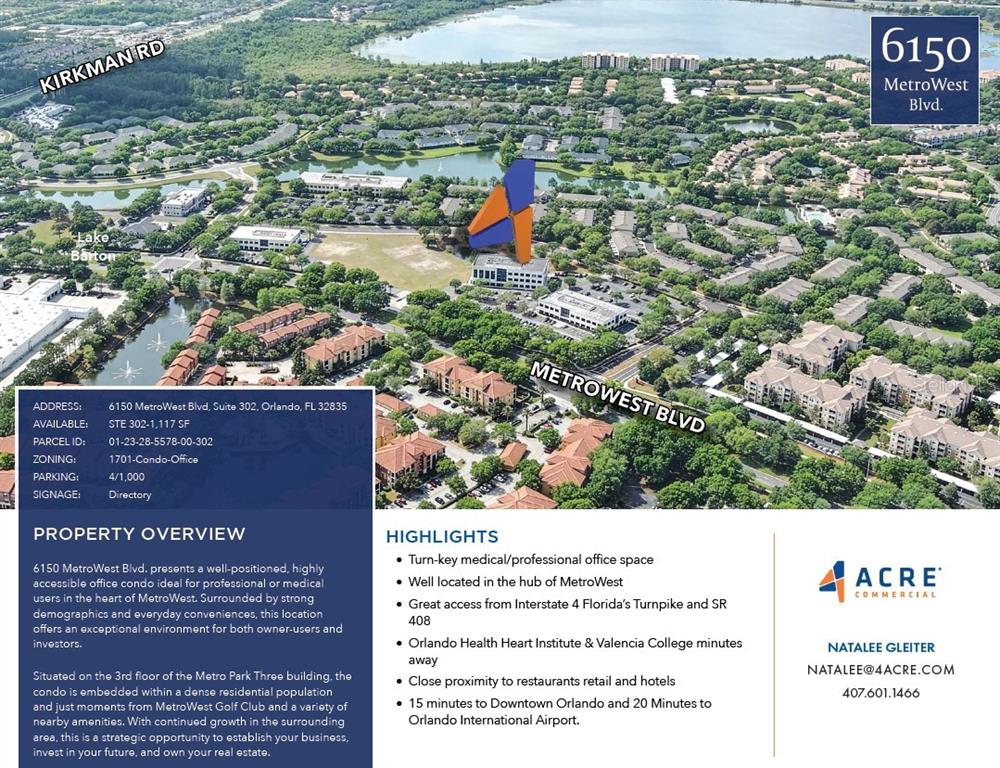An aerial view of a commercial office building complex surrounded by trees and a lake — 6150 METROWEST BOULEVARD UNIT 302, ORLANDO, FL