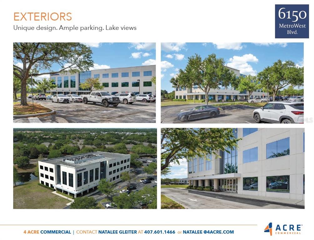 Four exterior views of a multi-story office building with parking and surrounding trees — 6150 METROWEST BOULEVARD UNIT 302, ORLANDO, FL