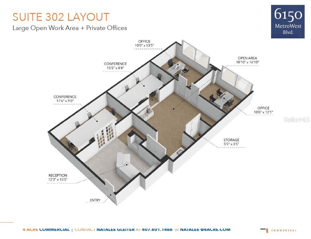 This is a 3D floor plan rendering of an office suite with multiple rooms — 6150 METROWEST BOULEVARD UNIT 302, ORLANDO, FL