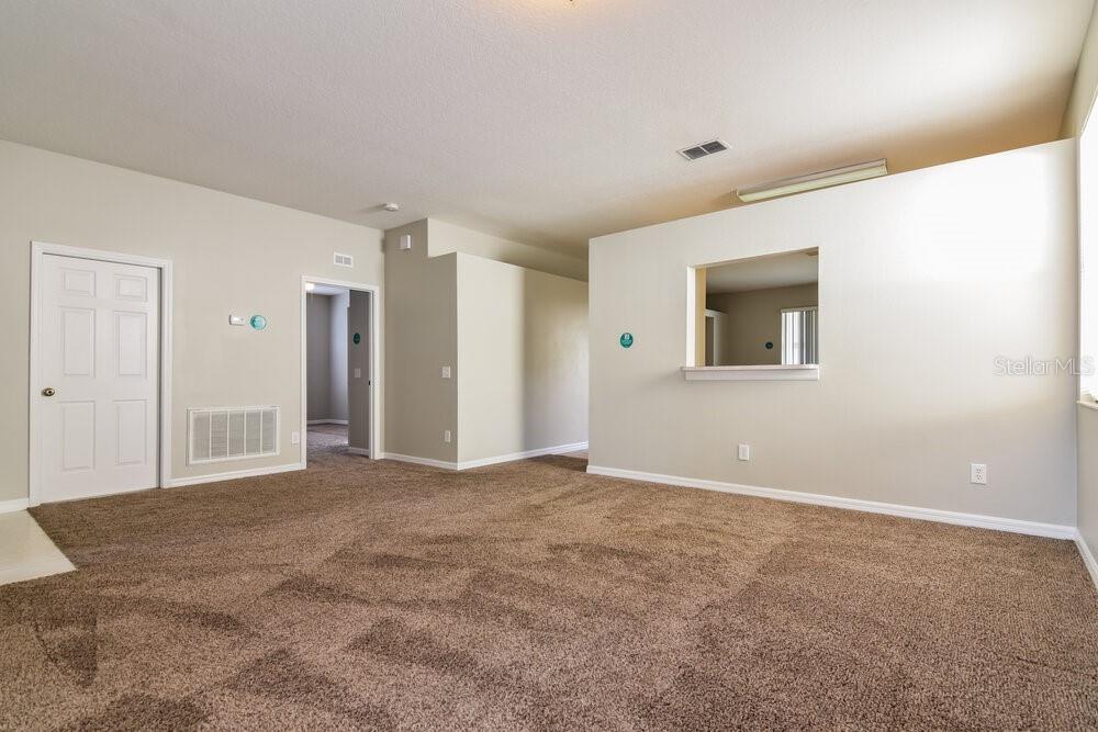 An empty living room features beige walls, brown carpeting, and a pass-through window — 15819 STAGS LEAP DRIVE, LUTZ, FL