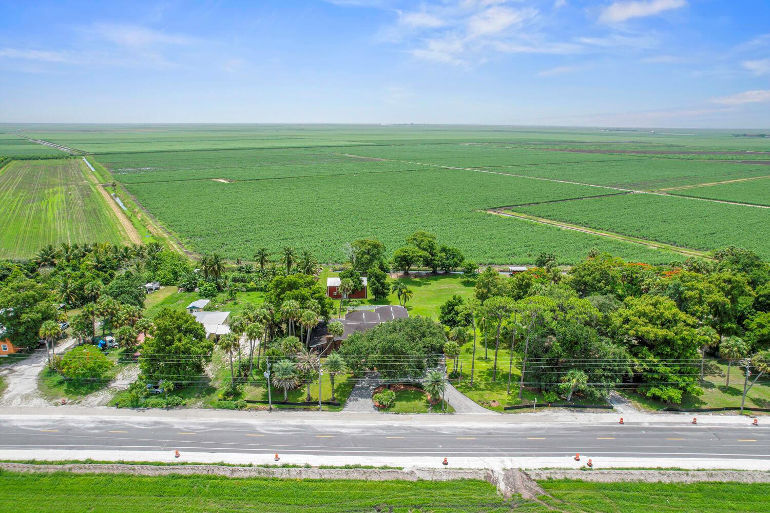 An aerial view shows a house surrounded by trees and large agricultural fields — 13348 Us Highway 441, Canal Point FL 33438, CANAL POINT, FL
