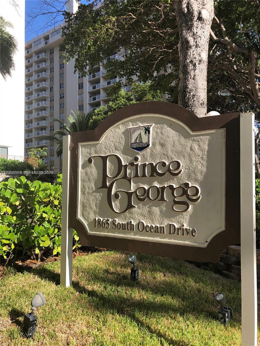 A sign for the Prince George condominium stands in front of a tall residential building — 1865 S Ocean Dr # 12L, Hallandale Beach FL 33009, HALLANDALE BEACH, FL