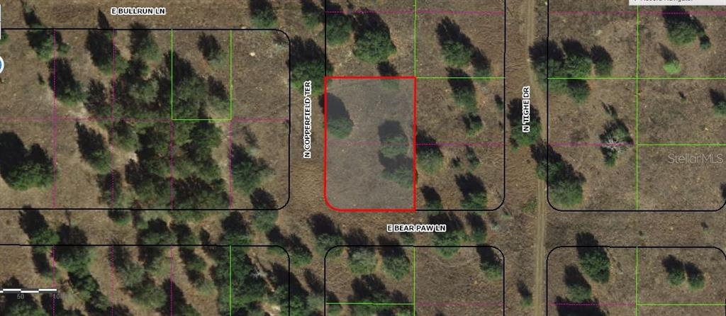 This aerial map shows a vacant rectangular lot outlined in red at a street intersection — 229 N COPPERFIELD TERRACE, INVERNESS, FL