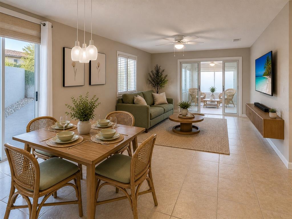 A dining area and living room with tile floors, a green sofa, and sliding glass doors — 408 DUARTE LANE, THE VILLAGES, FL