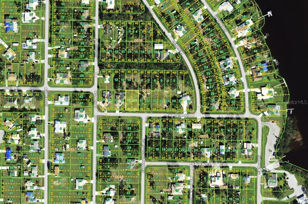 This is an aerial map showing residential lots and street layouts in a neighborhood — 27324 ADDINGTON PLACE, PUNTA GORDA, FL