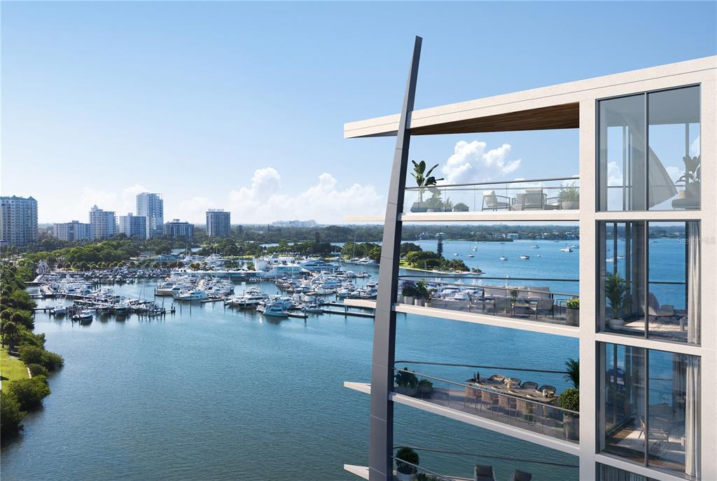 This architectural rendering shows a modern high-rise building overlooking a marina and city skyline — 688 GOLDEN GATE POINT UNIT 801, SARASOTA, FL