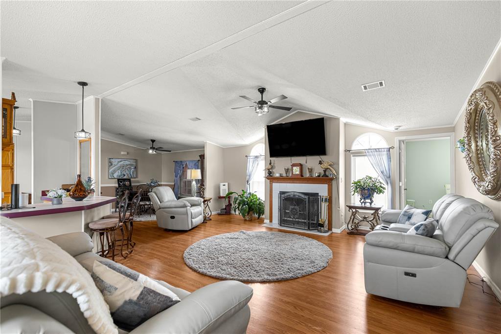 A living room with light wood floors, a fireplace, and a gray circular rug — 9630 SE 165TH LANE, SUMMERFIELD, FL