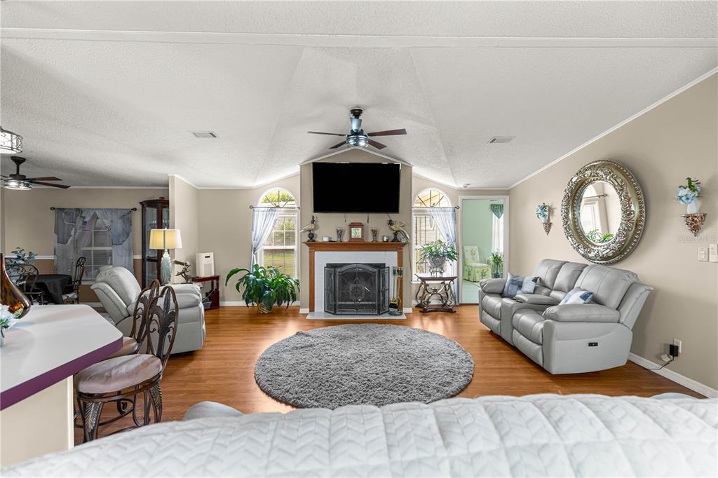 A living room features a fireplace, vaulted ceiling, light wood flooring, and gray furniture — 9630 SE 165TH LANE, SUMMERFIELD, FL