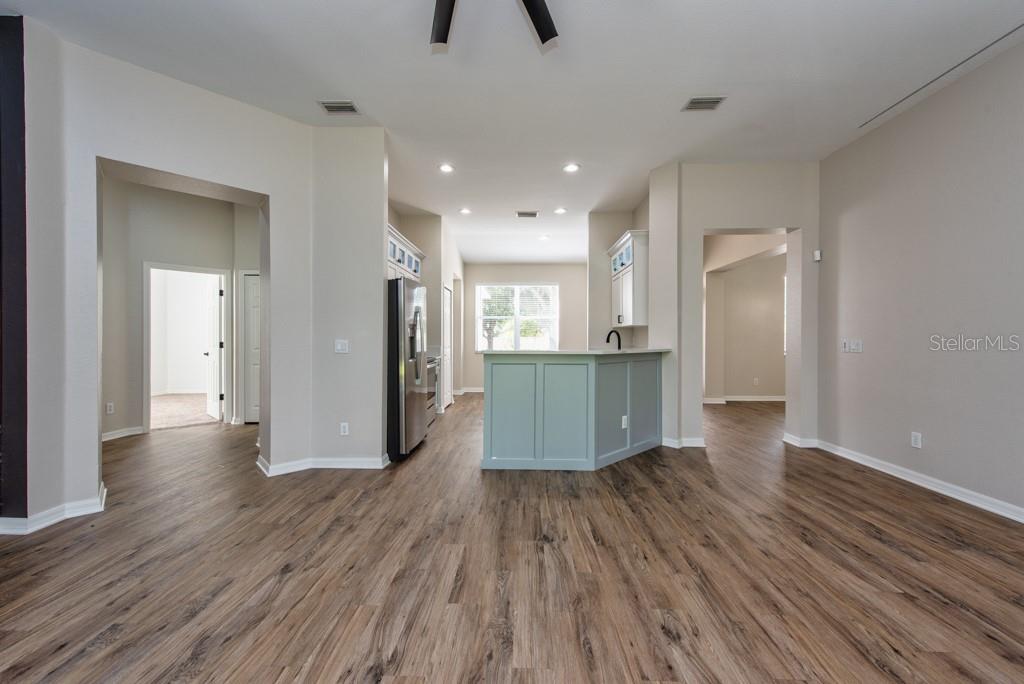 A kitchen with a light green island, stainless steel appliances, and wood-look flooring — 11104 HOLLY CONE DRIVE, RIVERVIEW, FL