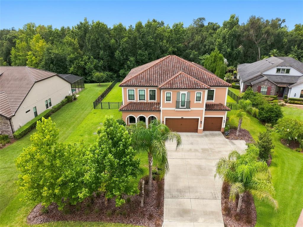 An aerial view of a two-story house with a tile roof and a concrete driveway — 3225 CORDOBA RANCH BOULEVARD, LUTZ, FL
