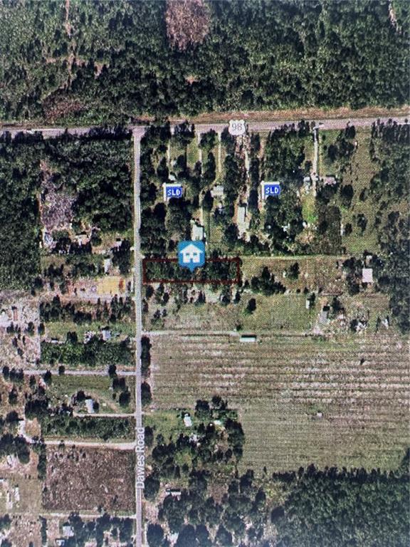 This is an aerial map view showing a rectangular land parcel along Dawes Road — DAWES ROAD, FROSTPROOF, FL