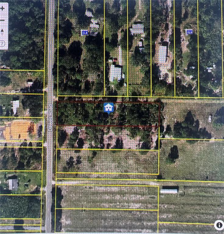 This aerial map shows a rectangular plot of land located along a road — DAWES ROAD, FROSTPROOF, FL