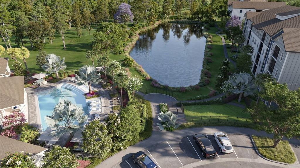 This is a rendering of an apartment complex featuring a swimming pool and a pond — 9500 GRANDTREE AVENUE UNIT A1, VENICE, FL