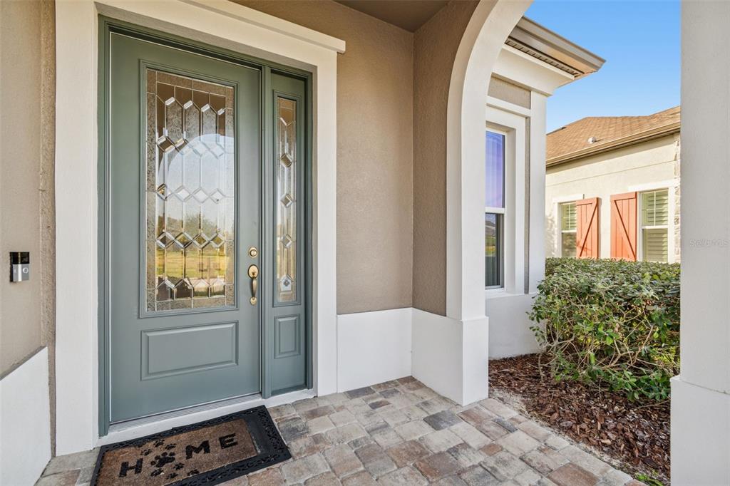 A sage green front door with glass panels sits under an arched entryway — 4155 BARLETTA COURT, WESLEY CHAPEL, FL