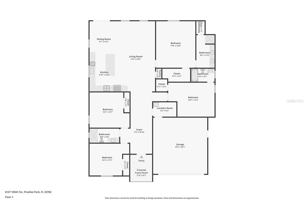 This is a floor plan showing a single-story house with a garage and multiple bedrooms — 6127 105TH TERRACE, PINELLAS PARK, FL