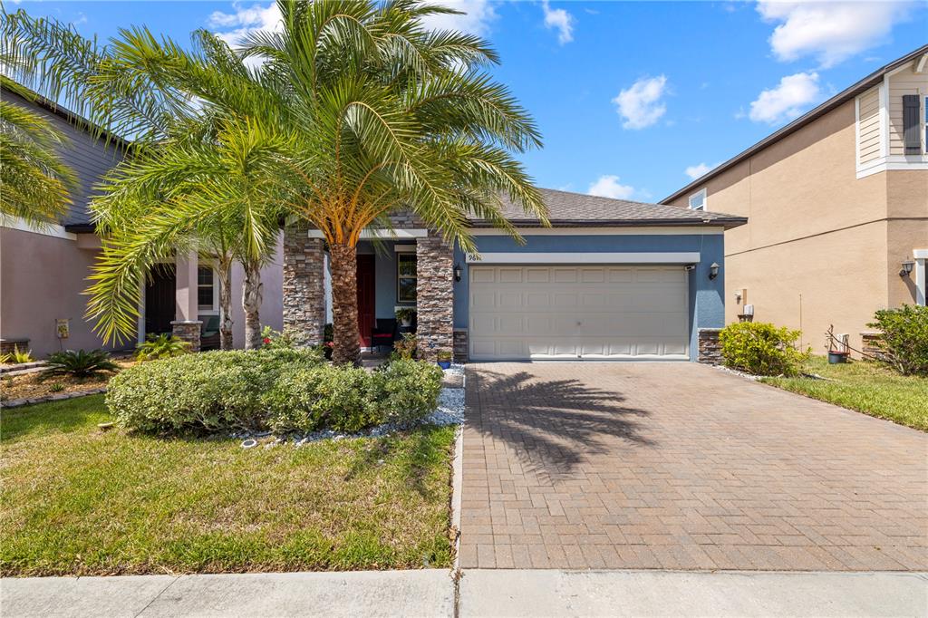 A single-story house with a blue exterior, stone accents, a palm tree, and a paved driveway — 9611 IVORY DRIVE, SUN CITY CENTER, FL